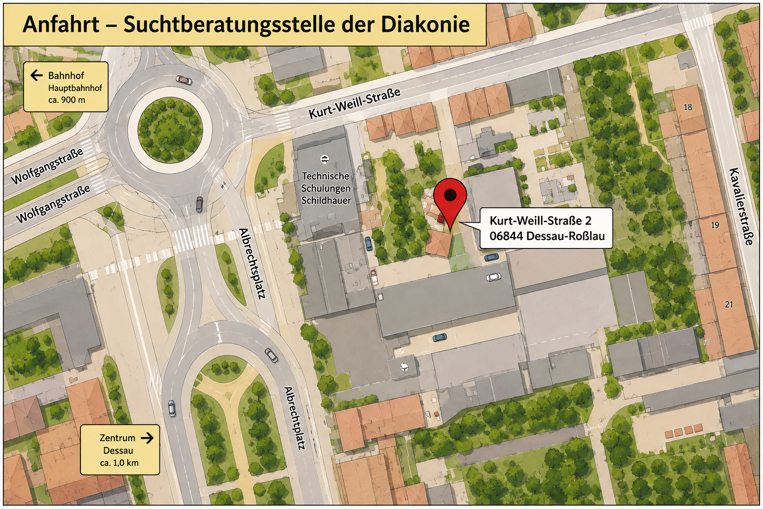 Anfahrtskarte zur Suchtberatungsstelle, Kurt-Weill-Stra�e 2, 06844 Dessau-Ro�lau